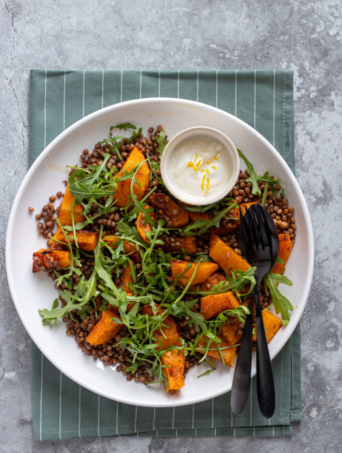 Insalata di lenticchie e zucca al forno